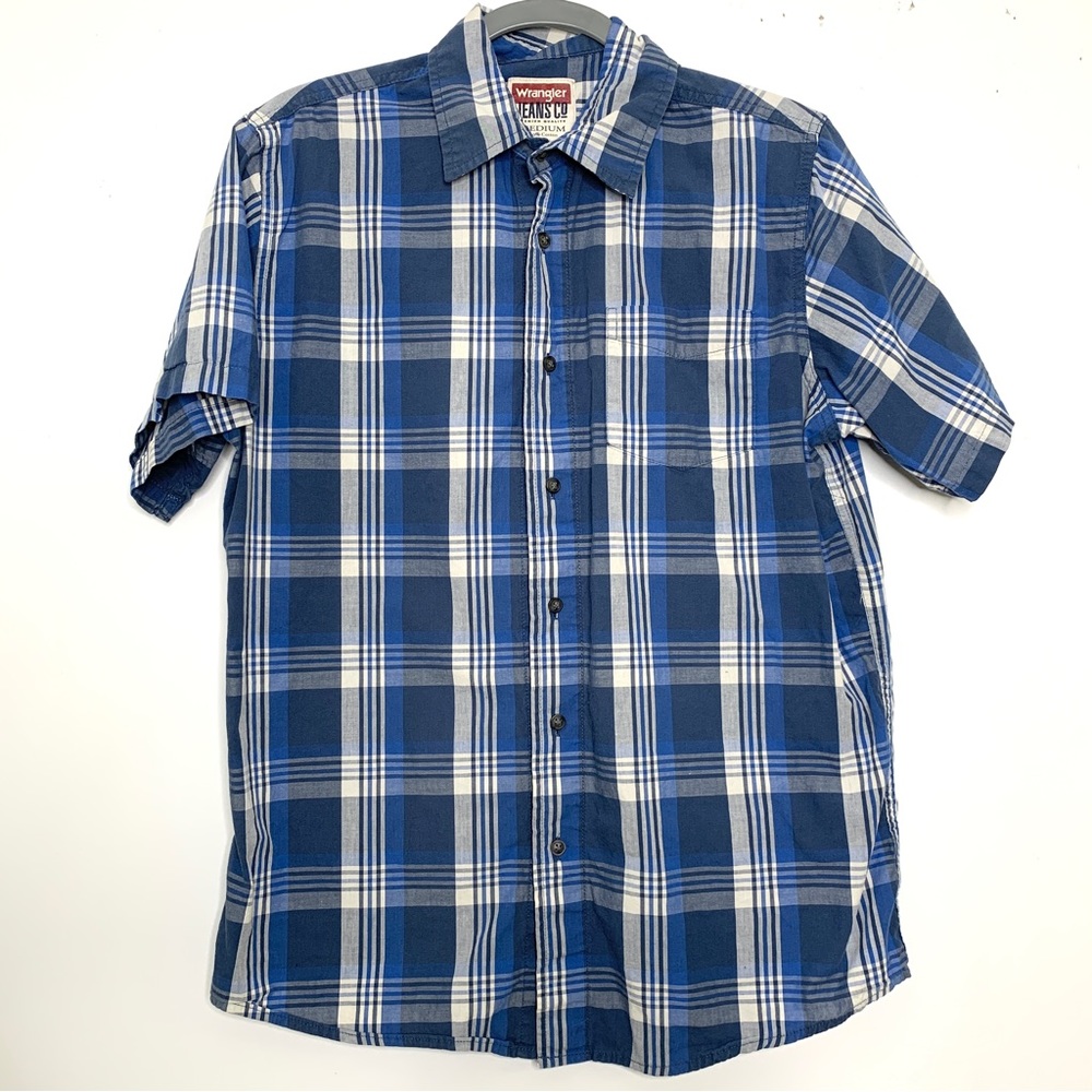 Wrangler Cotton Mens Medium Blue Plaid Short Sleeve Button Down Pocket Shirt.